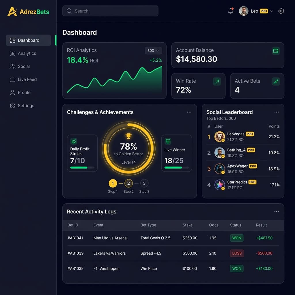 AdrezBets dashboard showing bet tracking, ROI analytics, and leaderboards